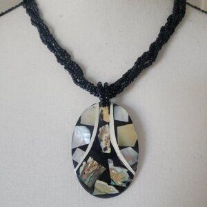 Artisan Black Bead Necklace with Oval Pendant with Abalone Shell Overlay